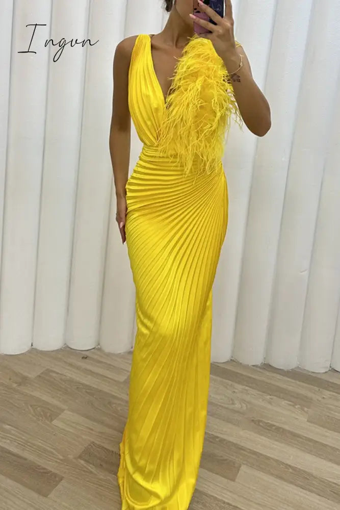 Ingvn - Sexy Solid Patchwork Pleated V Neck Long Dress Dresses