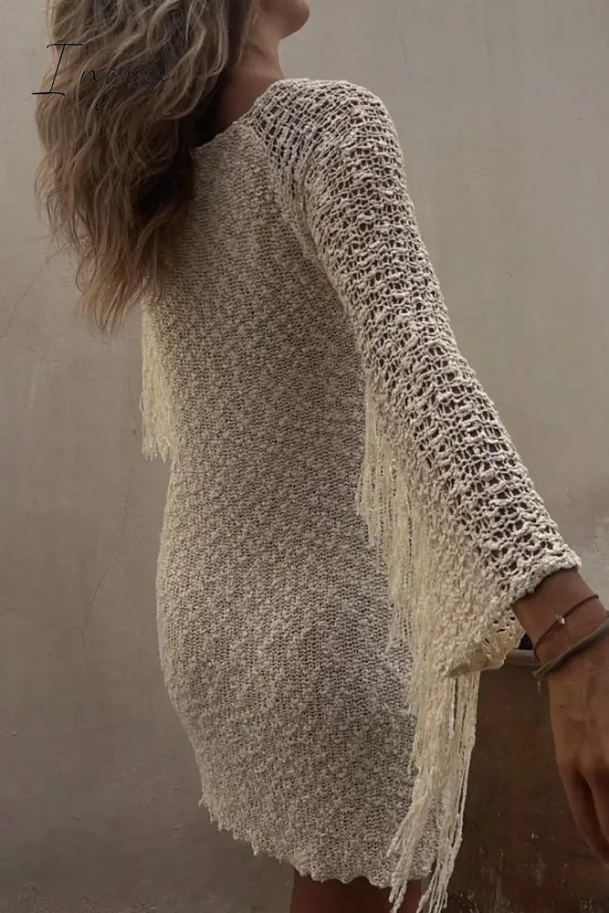 Ingvn - Sexy Solid Tassel Hollowed Out O Neck Wrapped Skirt Dresses