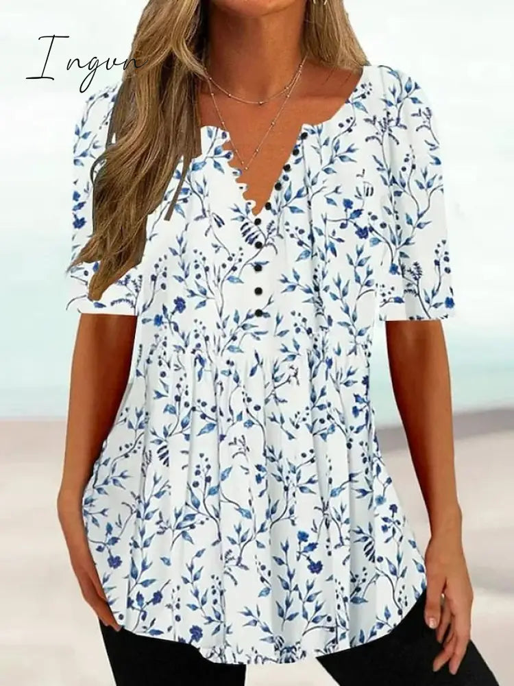 Ingvn - Women's T shirt Tee White Yellow Pink Floral Button Print Short Sleeve Holiday Weekend Tunic Basic Round Neck Regular Floral Painting