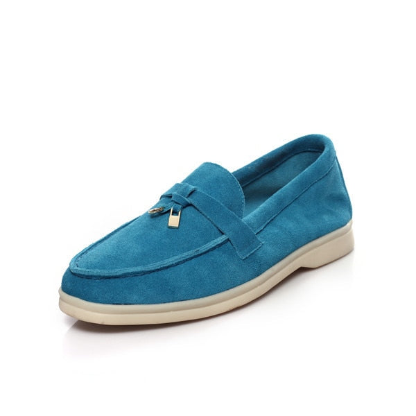 Trend New Kidsuede Women Flat Shoes Lazy Slip-on Metal Loafers Lady Casual Walk Shoes Woman Single Shoes Summer Real Leather