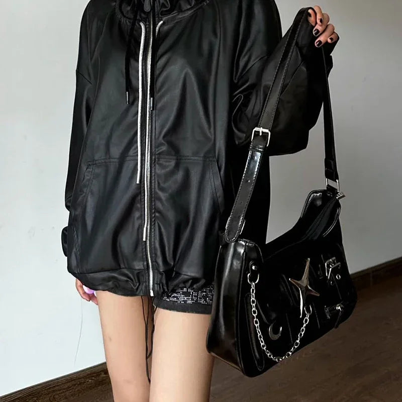 Ingvn  Y2k Womens Shoulder Bag Harajuku Fashion Gothic Casual Black Chains Handbag Hot Girls Pu Leather Ladies Motorcycle Bag Sac