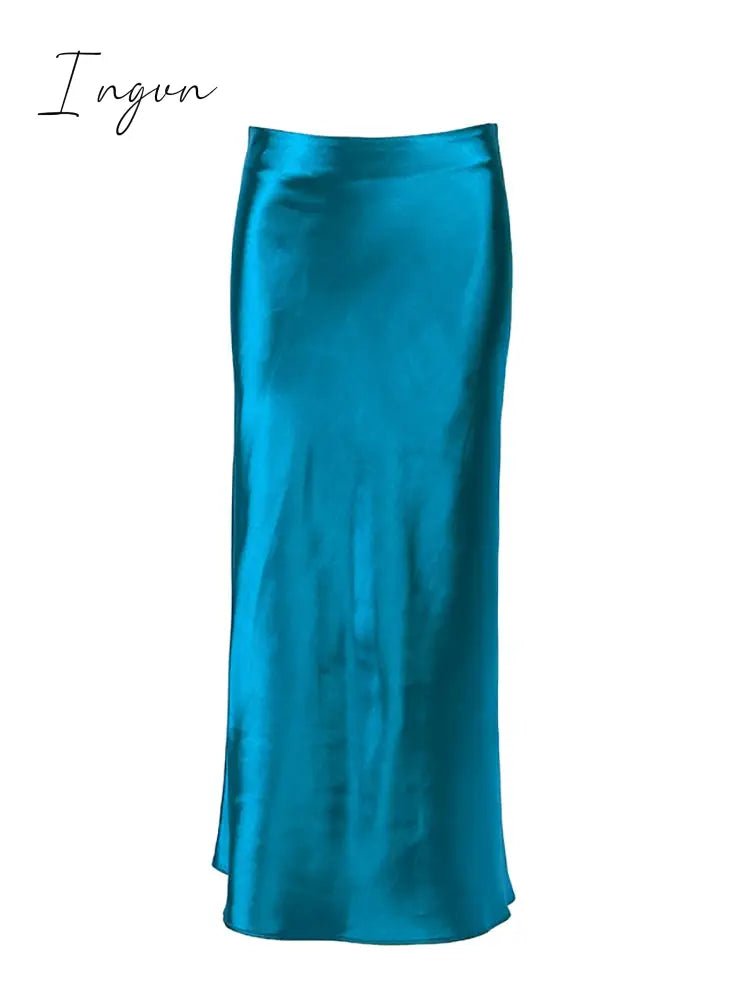 Ingvn - Solid Purple Satin Silk Skirt Women High Waisted Summer Long Skirt New Elegant Ladies Office Skirts Midi Spring