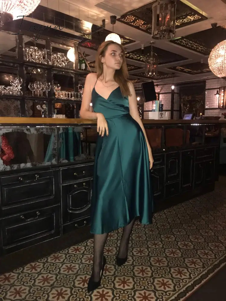 Ingvn - Boho Slim V Neck Summer bandage backless Maxi Long Dress Women Casual spaghetti strap Party Beach Holiday elegant tunic dress