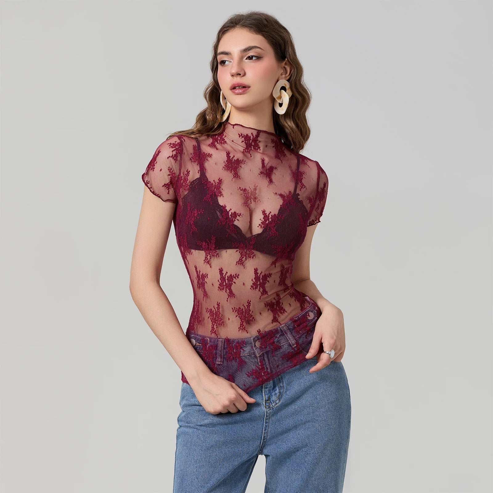 Women Lace Tops Short Sleeve Crew Neck See-through Sheer T-shirt Summer Casual Tee Shirts Clubwear