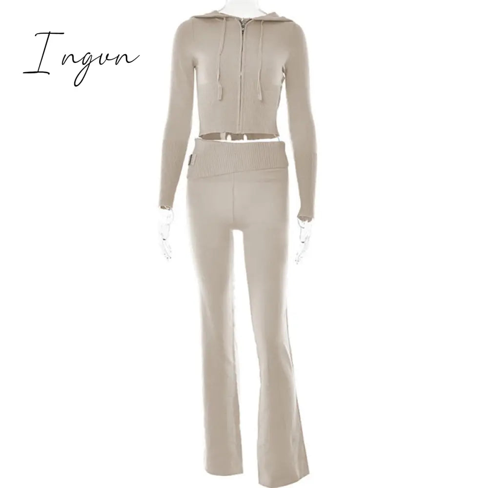 Ingvn - Zipper Lace-up Hoodies+Pant Sets 2023 Women Slim-fit Solid Cardigan Street Temperament Casual Femme Sweatshirt Suits