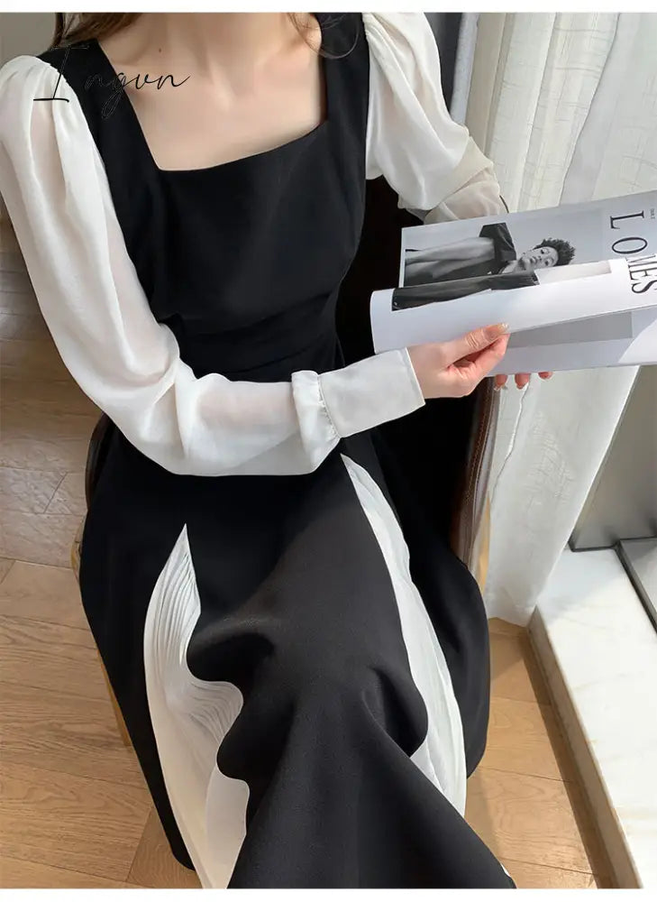 Ingvn - Office Lady Black Elegant Dress Women French Vintage Midi Dress Casual Party One Piece Dress Korean Fashion Autumn Chic