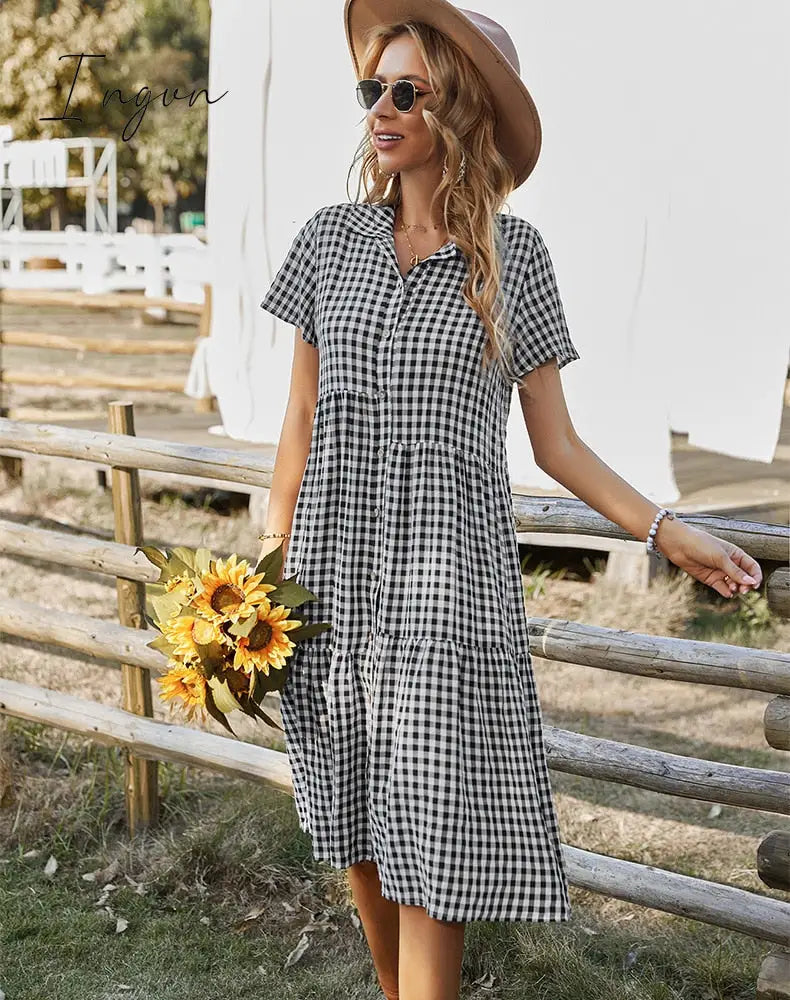 Ingvn - New Ladies Vintage Boho Summer Dress Women Midi Casual Loose Holiday Plaid Beach Shirt Dress Women Sundress Female Robe Vestidos