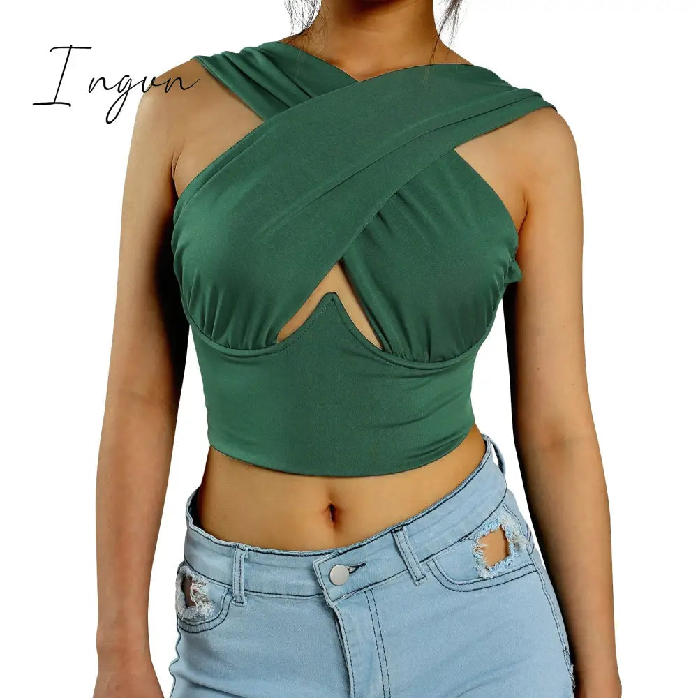 Ingvn - Women's Criss Cross Tank Tops Sexy Sleeveless Solid Color Cutout Front Crop Tops Party Club Streetwear Summer Lady Bustier Tops
