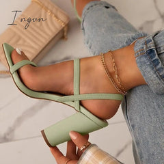 Ingvn - Elastic Straps Squared Toe Chunky Heels