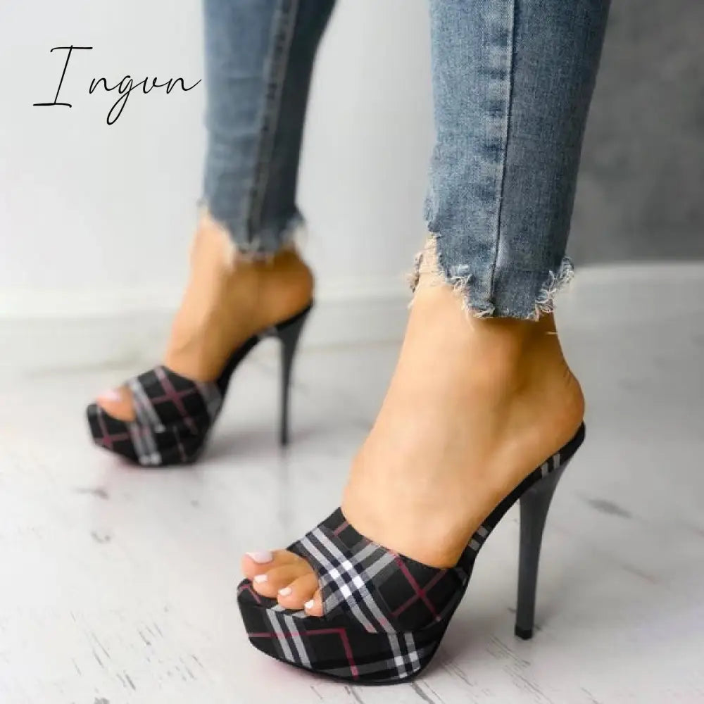 Ingvn - Women's Peep Toe Plaid Slip-on Stilettos Thin Heels