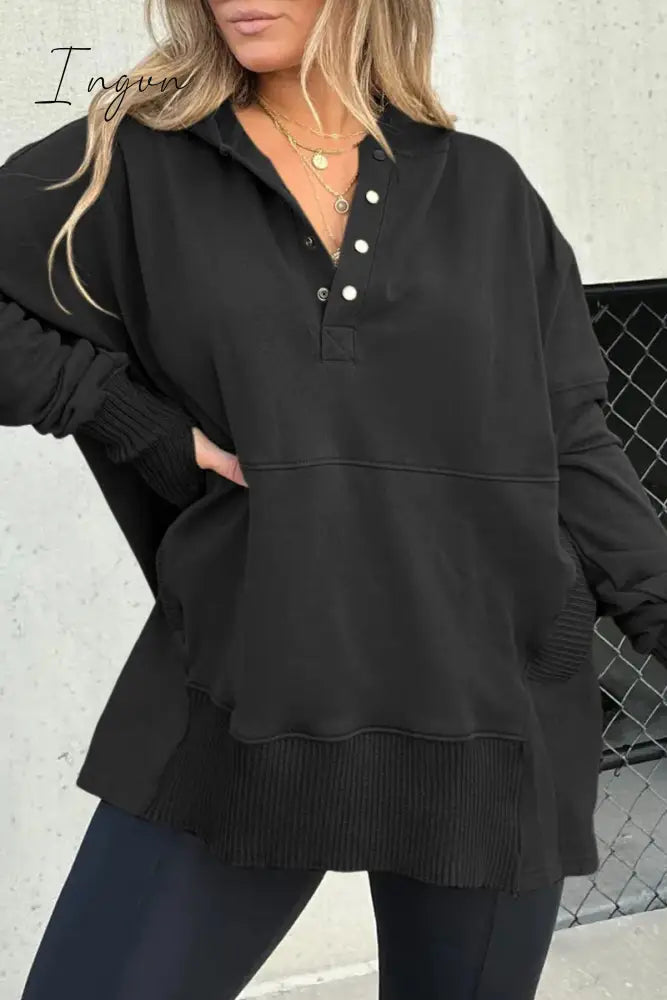 Ingvn - Casual Solid Buckle Hooded Collar Tops