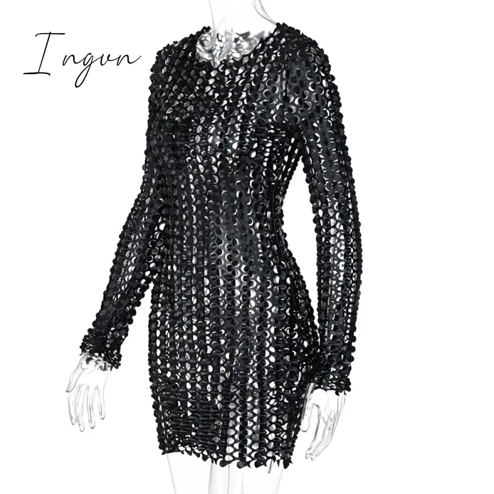 Ingvn - Long Sleeve Cut Out Solid Skinny Sexy Mini Dress Autumn Winter Women Fashion Party Club Elegant Outfits
