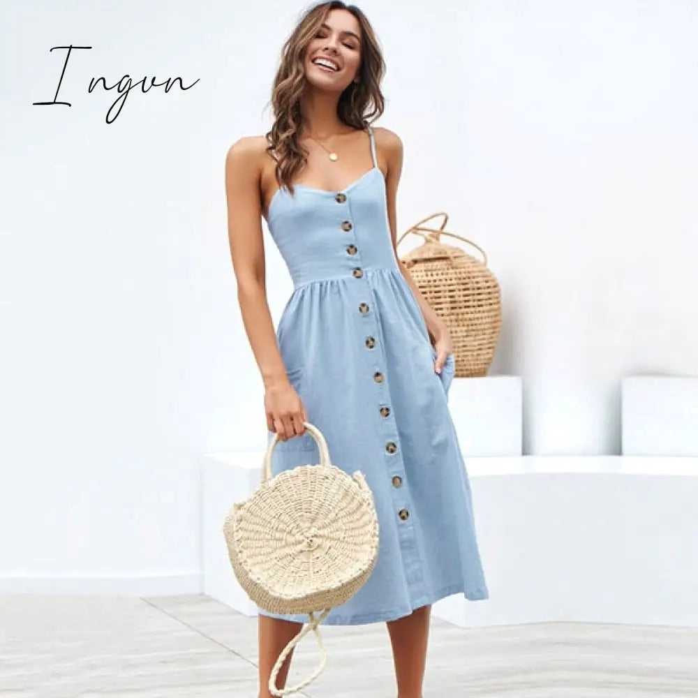 Ingvn - Boho Sexy Floral Dress Summer Vintage Casual Sundress Female Beach Dress Midi Button Backless Polka Dot Striped Women Dress