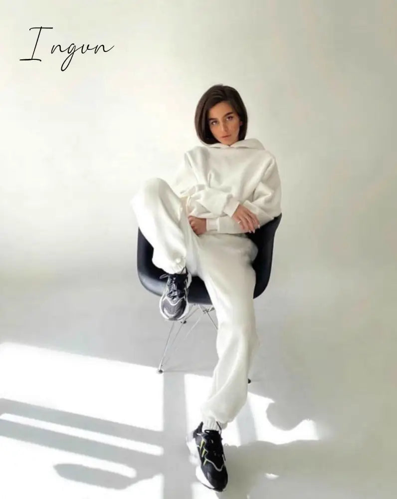 Ingvn - 2 Piece Set Women Spring Autumn Tracksuit Solid Hooded Sweatshirt Top And Wide Leg Pants Suits Loose Casual Fashion Sportswear
