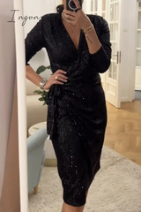 Ingvn - Sexy Solid Bandage Sequins V Neck Wrapped Skirt Dresses