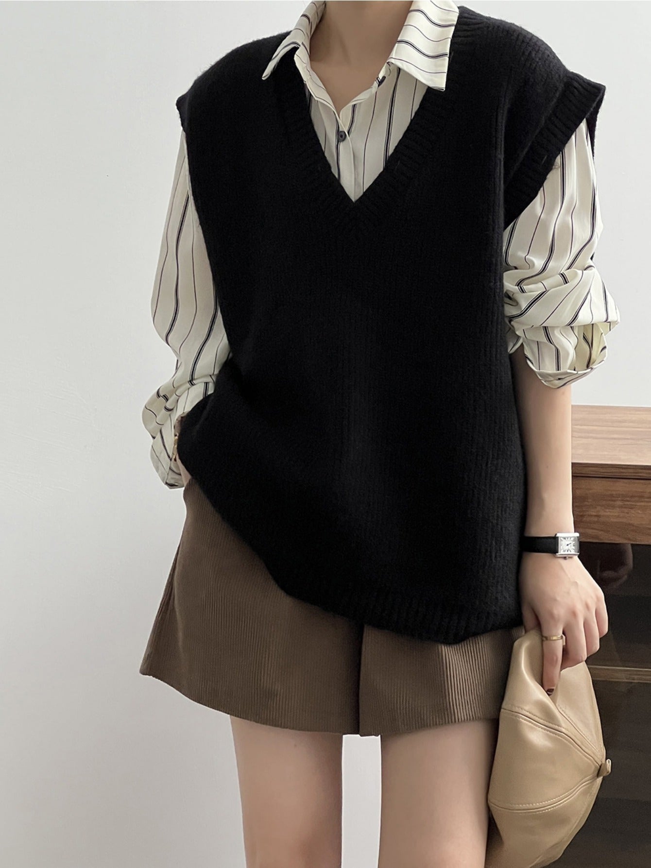 Solid V Neck Knitted Vest, Casual Sleeveless Loose Sweater Vest, Women's Clothing
