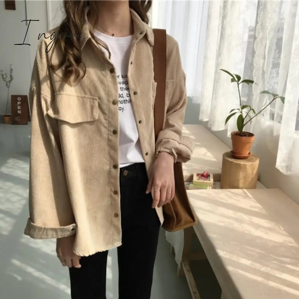 Ingvn - Loose Solid Long Sleeve Corduroy Tops