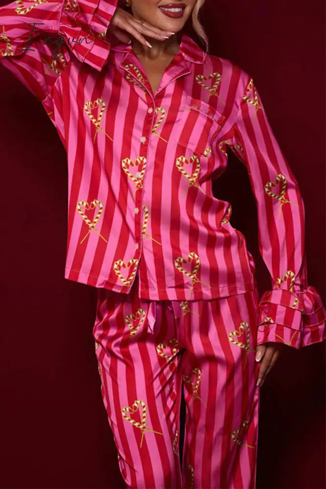 Ingvn - Casual Daily Striped Printing Turndown Collar Long Sleeve Two Pieces
