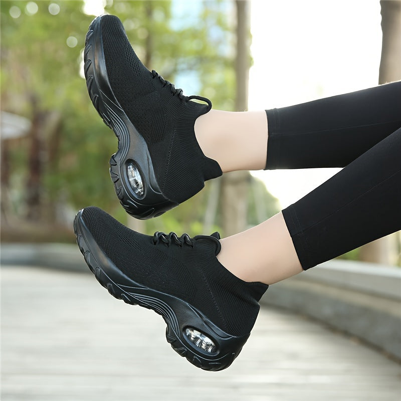 Comfortable Air Cushion Sneakers for Women - Breathable Mesh Upper, Thick Sole, Lazy Lace-Up Design, Fabric Material, Ideal for Casual Running, Sports, and Business Wear