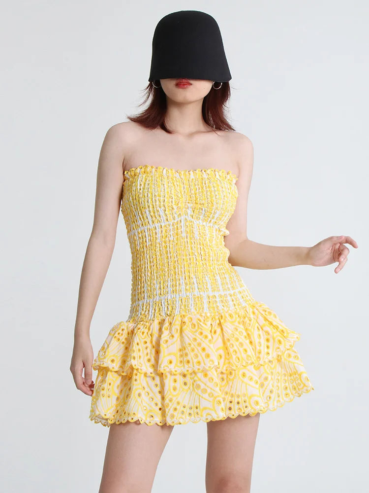 Cut Out Layered Hem Sexy Dress For Women Strapless Sleeveless Off Shoulder High Waist Mini Dresses Female Clothing
