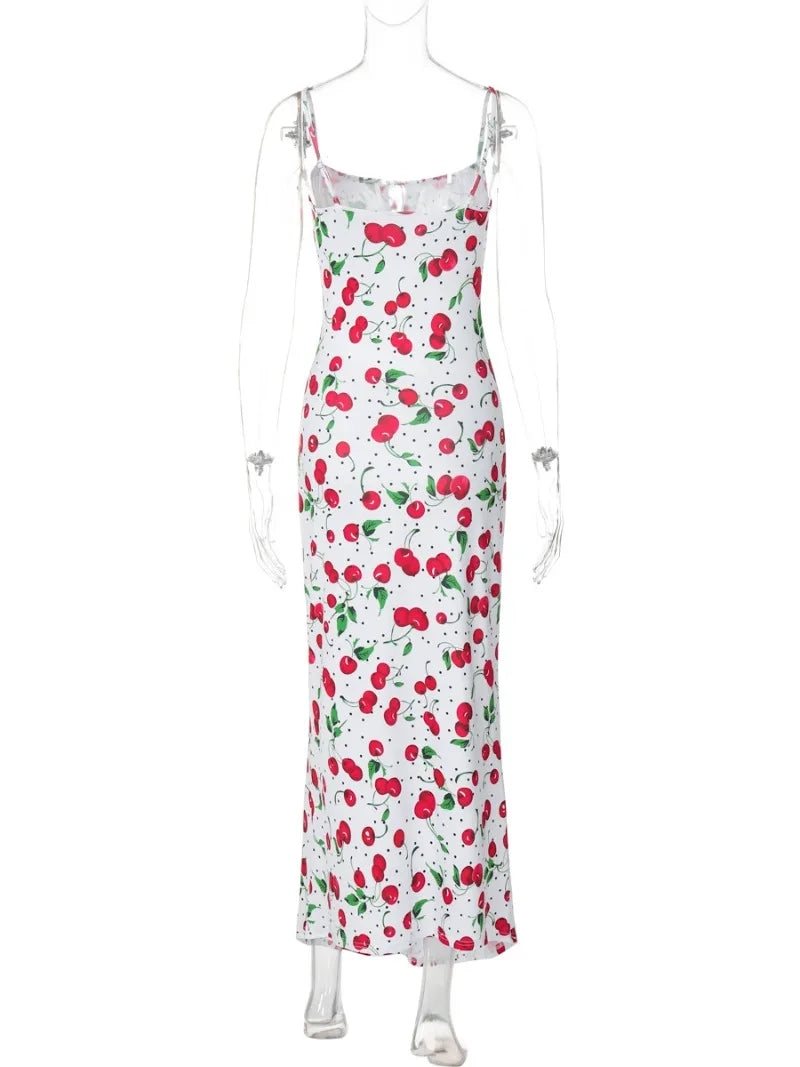 Ingvn  Woman Clothing Cherry Pattern Printed White Slip Dress  Girls Sleeveless Lace-up High Waist Slim Long Holiday Party Dresses