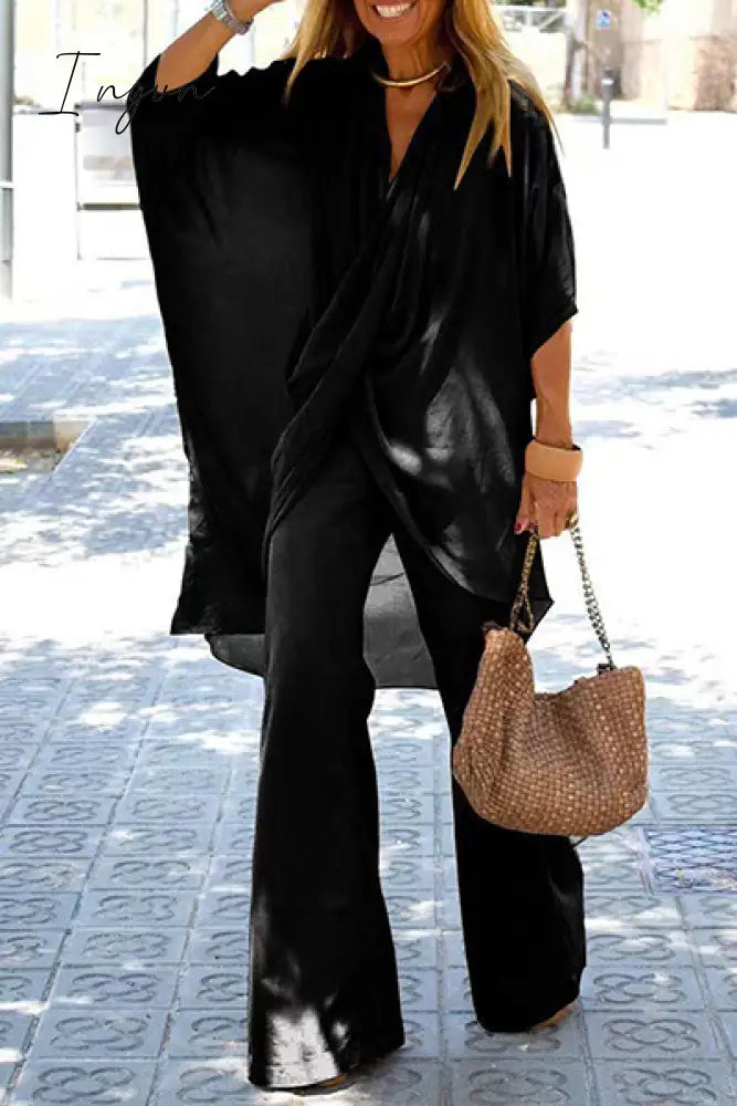 Ingvn - Casual Solid Patchwork Fold Asymmetrical V Neck Half Sleeve Two Pieces(5 colors)