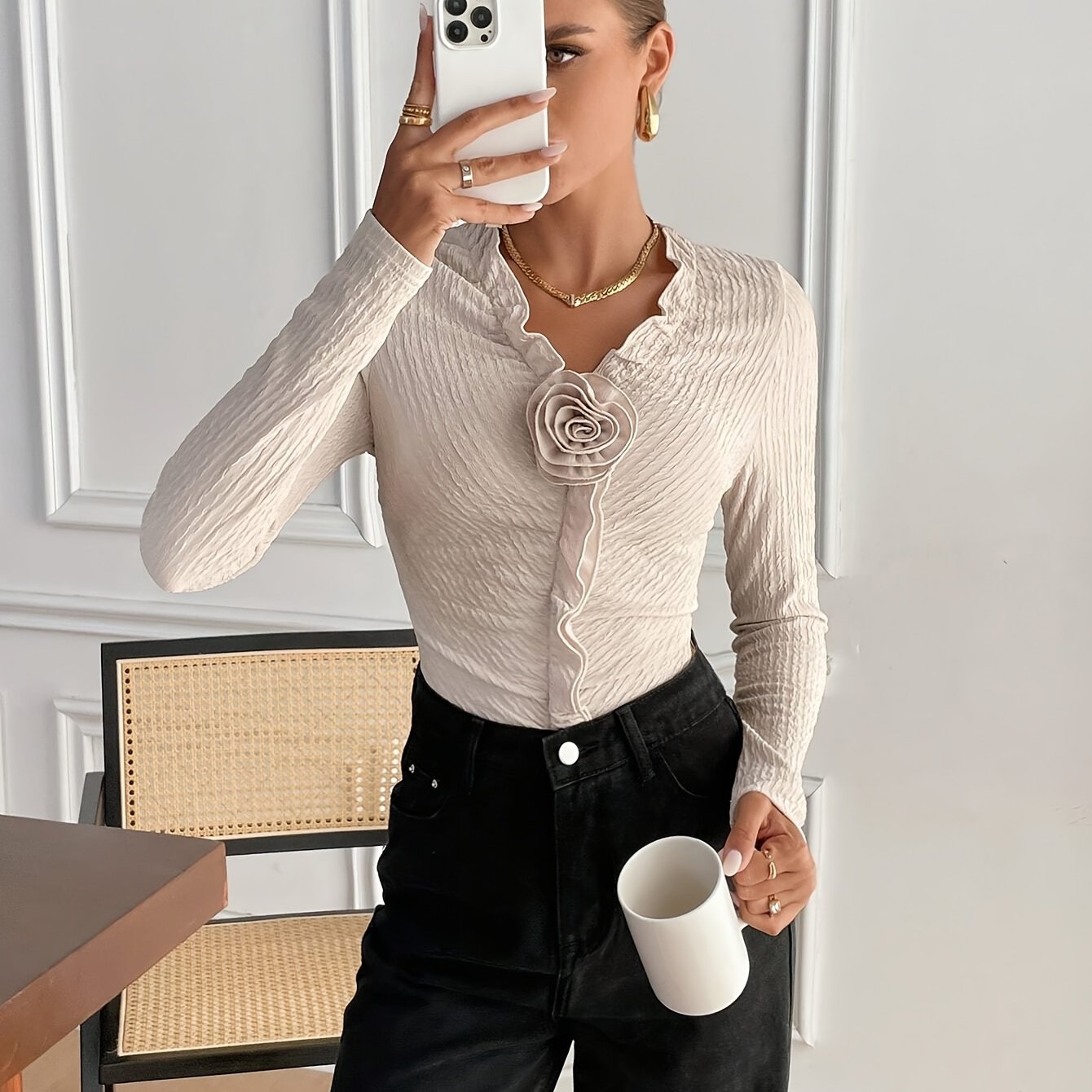 Elegant Women's V-Neck T-Shirt with 3D Floral Detail - Long Sleeve, Stretchy Polyester Blend, Machine Washable, Elegant Special Project Style, ALL/Global/All