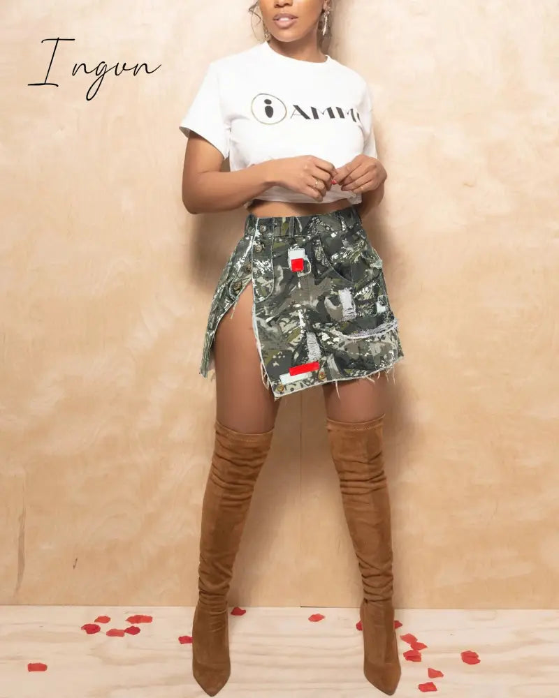 Ingvn - 2023 Summer Camo Skirt High Split Cargo Novelty Skirts for Women