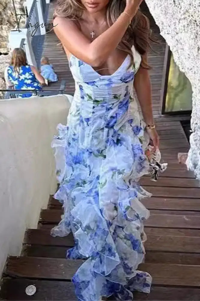 Ingvn - Sexy Not Positioning Printed Flowers Patchwork Flounce V Neck Sling Dresses