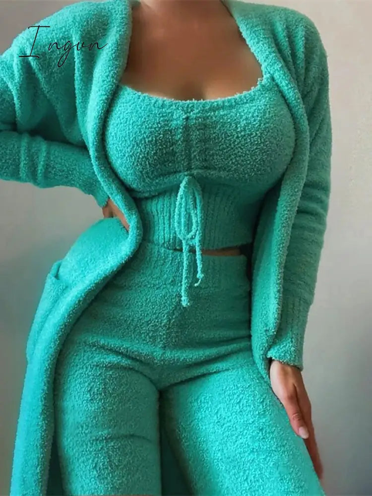 Ingvn - Women's Plus Size Pajamas Robes Gown Sets Nighty 3 Pieces Pure Color Warm Casual Comfort Home Daily Bed Fleece Long Sleeve Crop Top Pant Pocket Winter Fall Green Black