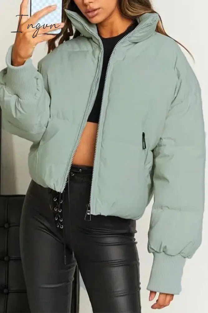 Ingvn - Casual Solid Pocket Zipper Mandarin Collar Outerwear