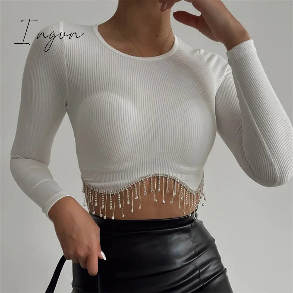 Ingvn - Loose Rhinestone Women Crop Top 2023 Spring Long Sleeve O-neck Tassel Hem Female T-shirt Casual Chic Streetwear Lady Tshirt