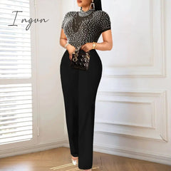 Ingvn - Jumpsuit for Women Sexy See Through Net Beaded High Collar Short Sleeve Wide Leg One Piece Rompers Cocktail Party Club Wear