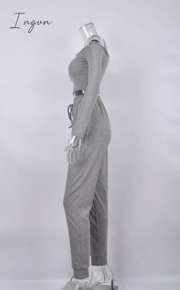 Ingvn - Summer New Women's Wear Collar Shoulder Sports Suit Nine-Minute Sleeve Tight Belt Trousers Gray Two-Piece Pants