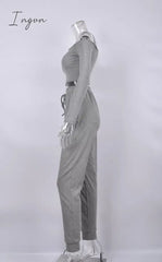 Ingvn - Summer New Women's Wear Collar Shoulder Sports Suit Nine-Minute Sleeve Tight Belt Trousers Gray Two-Piece Pants