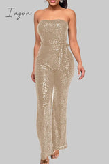 Ingvn - Street Solid Bandage Sequins Patchwork Strapless Regular Jumpsuits(5 Colors)