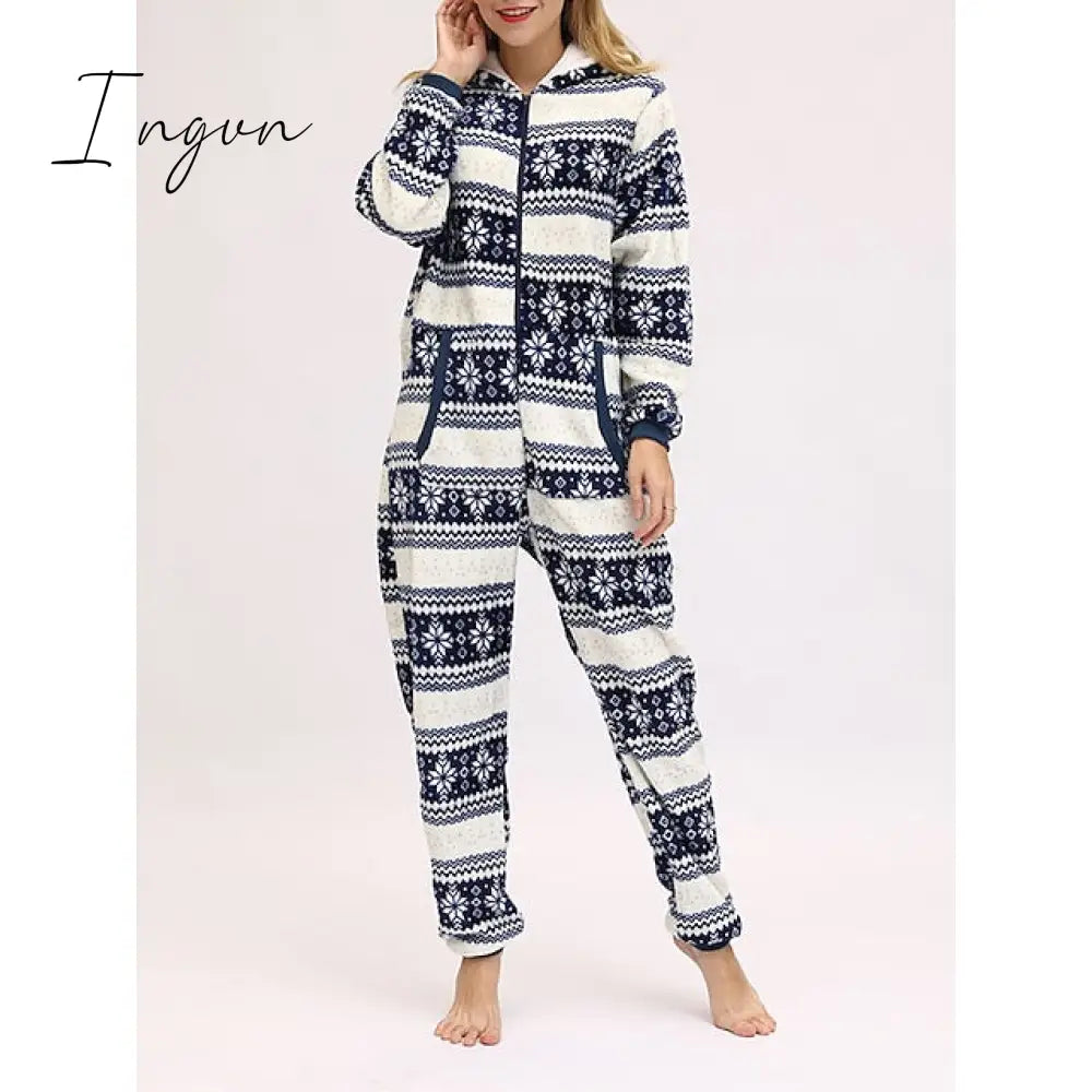 Ingvn - Women's Pajamas Jumpsuit Elk Snowflake Warm Fashion Casual Home Christmas Daily Polyester Breathable Hoodie Long Sleeve Pocket Fall Winter Black White