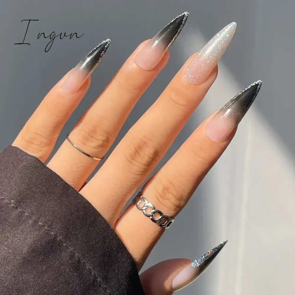 24Pcs False Nails With Glue Almond Pink Butterfly Design Detachable Rhinestones Acrylic Fake Nails long stiletto Press On Nails