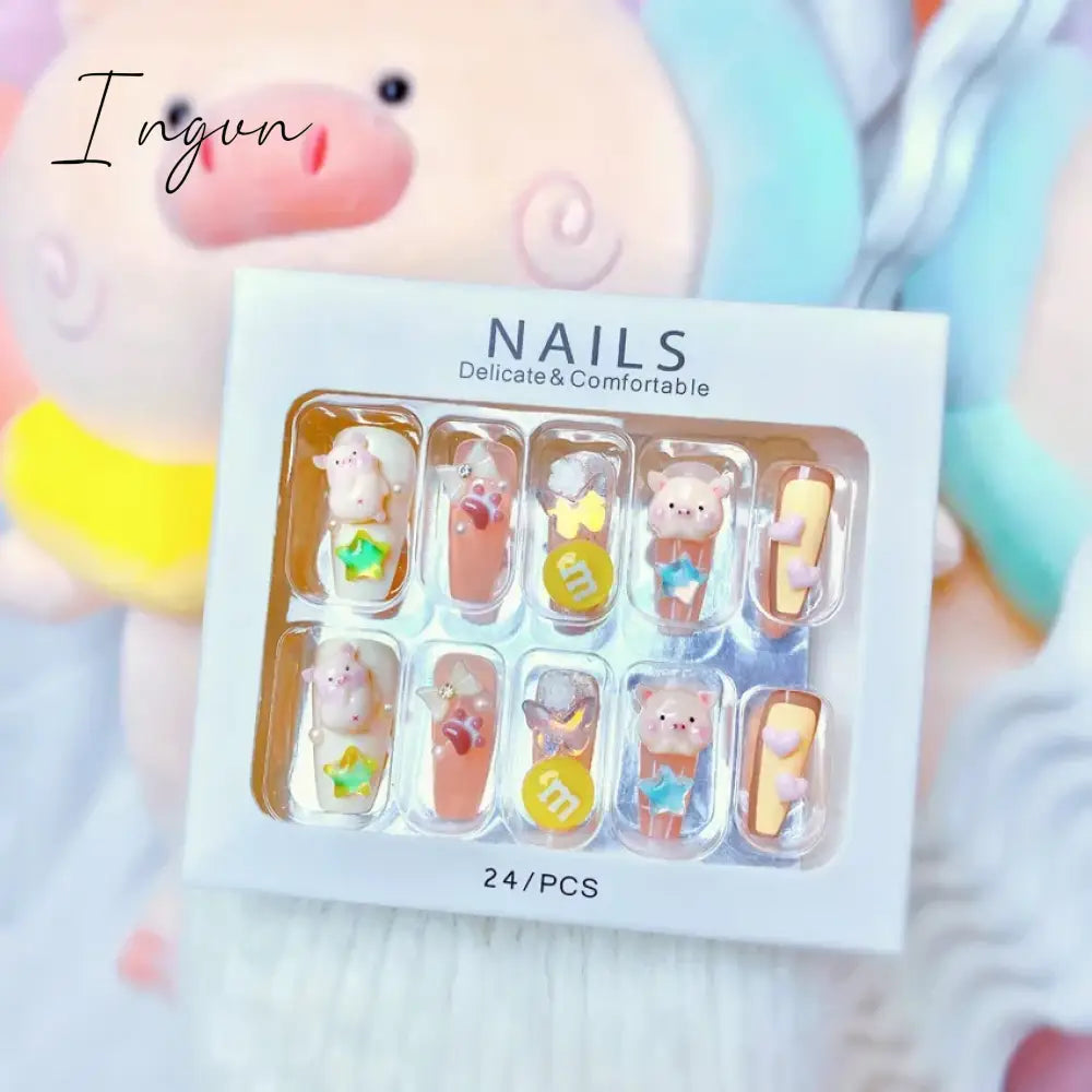 24PCS/Set Long Oval False Nails 3D Heart Sparkling French Press On Nails Pink Full Cover Fake Nail Crystal Gem Design Nails Tips