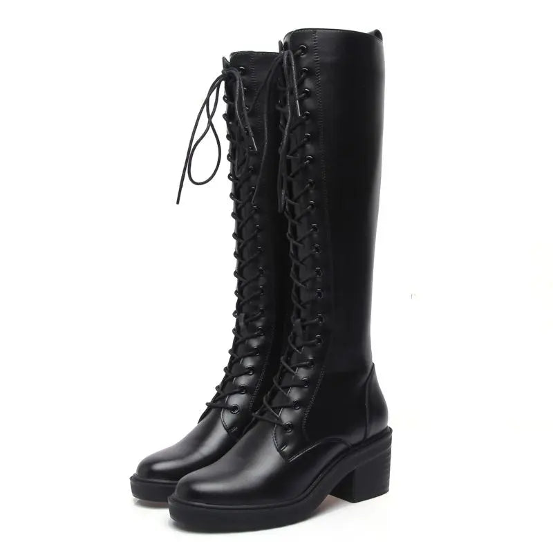 Ingvn  Footwear Long Ladies Boots Elegant Heeled High Heels Shoes for Women Lace-up Winter Knee Shaft with Laces White Spring Autumn Pu