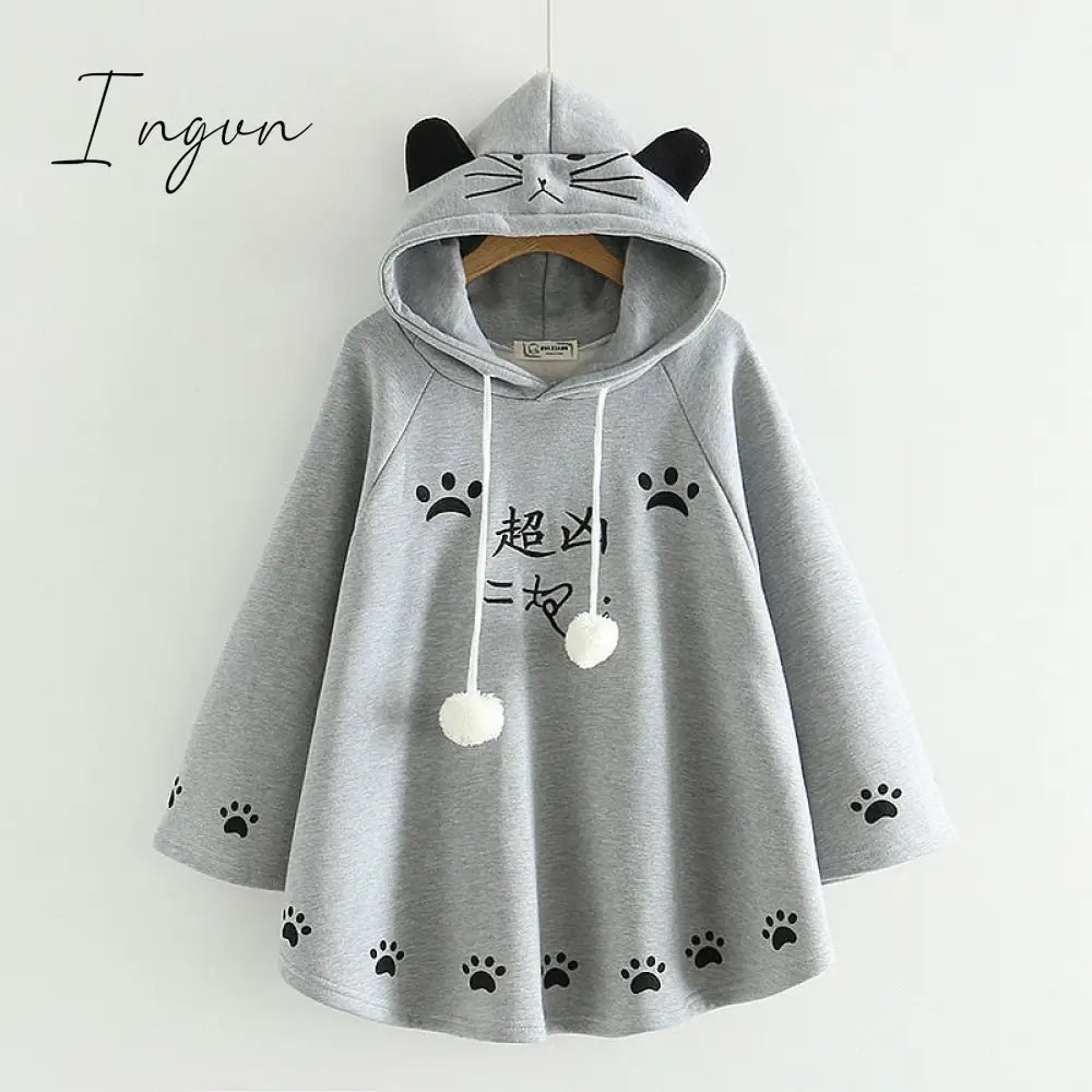 Ingvn - Lolita Cloak Harajuku Hoody Cloak Japanese Angry Cat Christmas Deer Fleece Cape Loose Pullover Batwing Sleeve Hoodie Coat