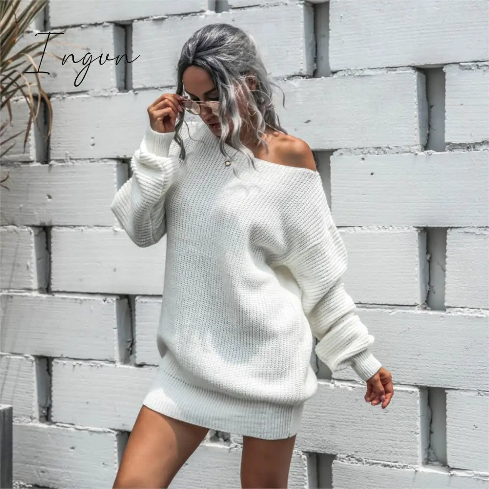 Ingvn - The hottest ladies casual off-shoulder lantern sleeve knitted sweater dress