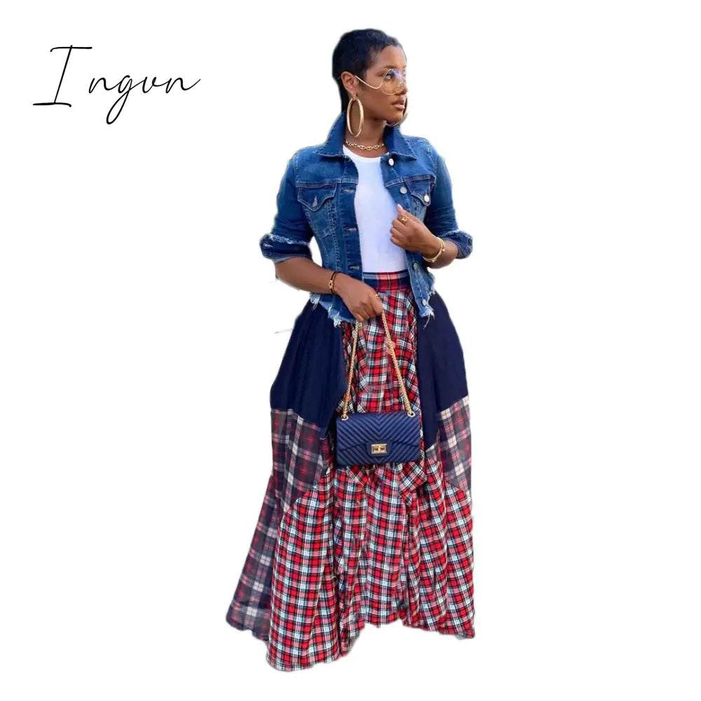 Ingvn - Womens Fashion Ladies Fashion Stitching Printed Plaid Young Fashion Casual Bohemian Super Loose Multicolor Skirt
