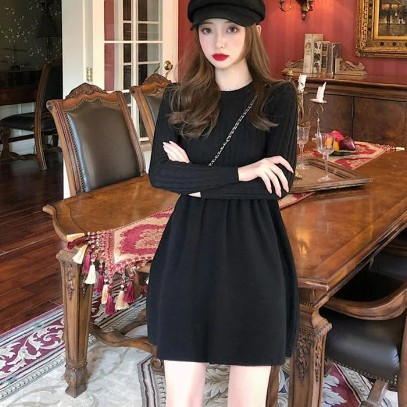 Korean Style Solid Inside Knitting Mini Dress Woman Autumn Winter Warm Long Sleeve Sweater Dresses Elegant Women's Waist Dress