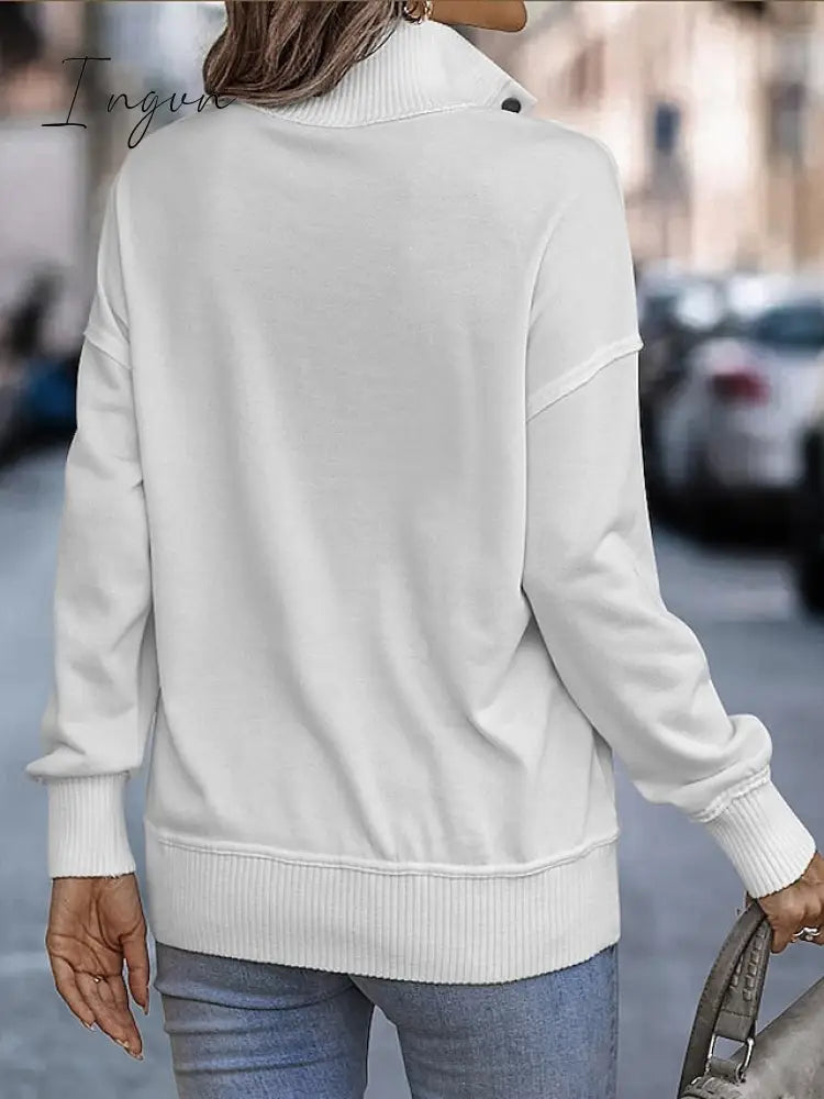 Ingvn - Women's Sweatshirt Pullover Basic Button Front Pocket White Pink Brown Solid Color Casual V Neck Long Sleeve Top Micro-elastic Fall & Winter