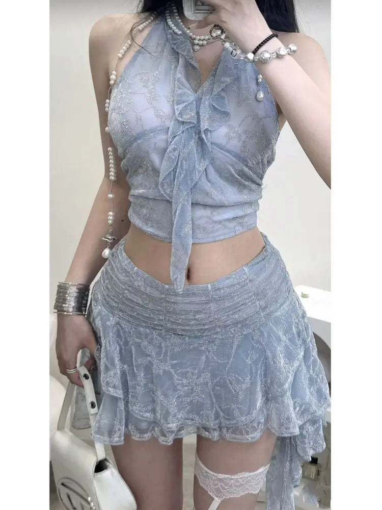 Sweet Hot Girl Sexy Suit Women's Summer Ruffle Edge Halter Neck Top Irregular Short Skirt Two-piece Set Fashion Female Clothes