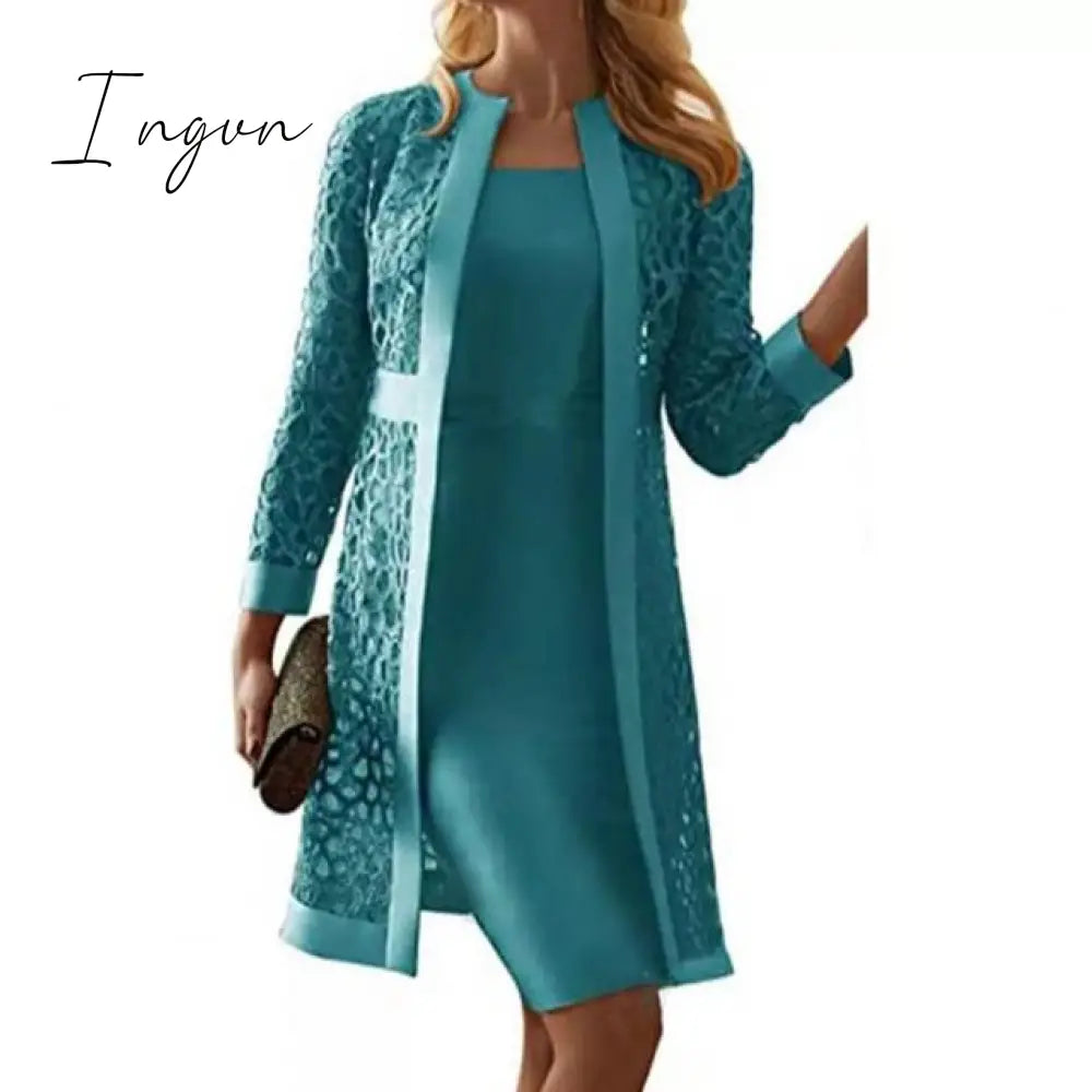 Ingvn - Spring Autumn Two Piece Dress Women Long Sleeve Knee Length Jacket Mother of The Bride Dresses Formal Party Evening Gown Dress Plus Size S-5XL