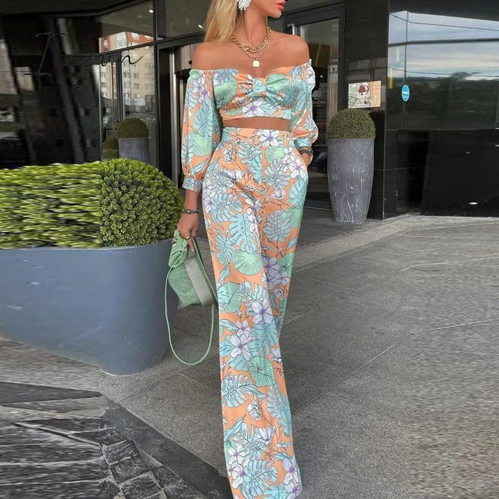 Ingvn - Women Fashion Two Piece Sets Print  Suits Summer Beach Streetwear Autumn 2 Piece SetsTops +Elegant Long Pants