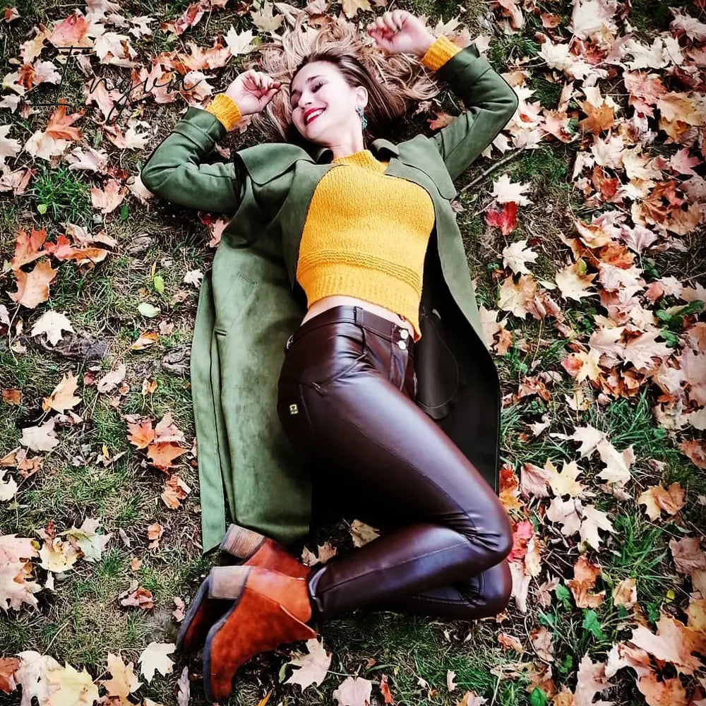 Ingvn - Melody Brown Leather Pants Vintage Trausers Women Leggings Pvc Sexy Comfortable Moto Work Pants Woman Vinyl Trousers