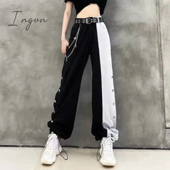 Ingvn - Women Fashion Contrast Cargo Pants Female New Arrival Elastic Waist Wide Leg Trousers Ladies Korean High Street Cotton Pant